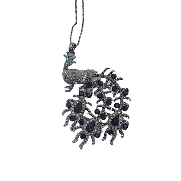 Rhinestone Peacock Pendant Necklace Hematite Tone - Picture 2 of 6